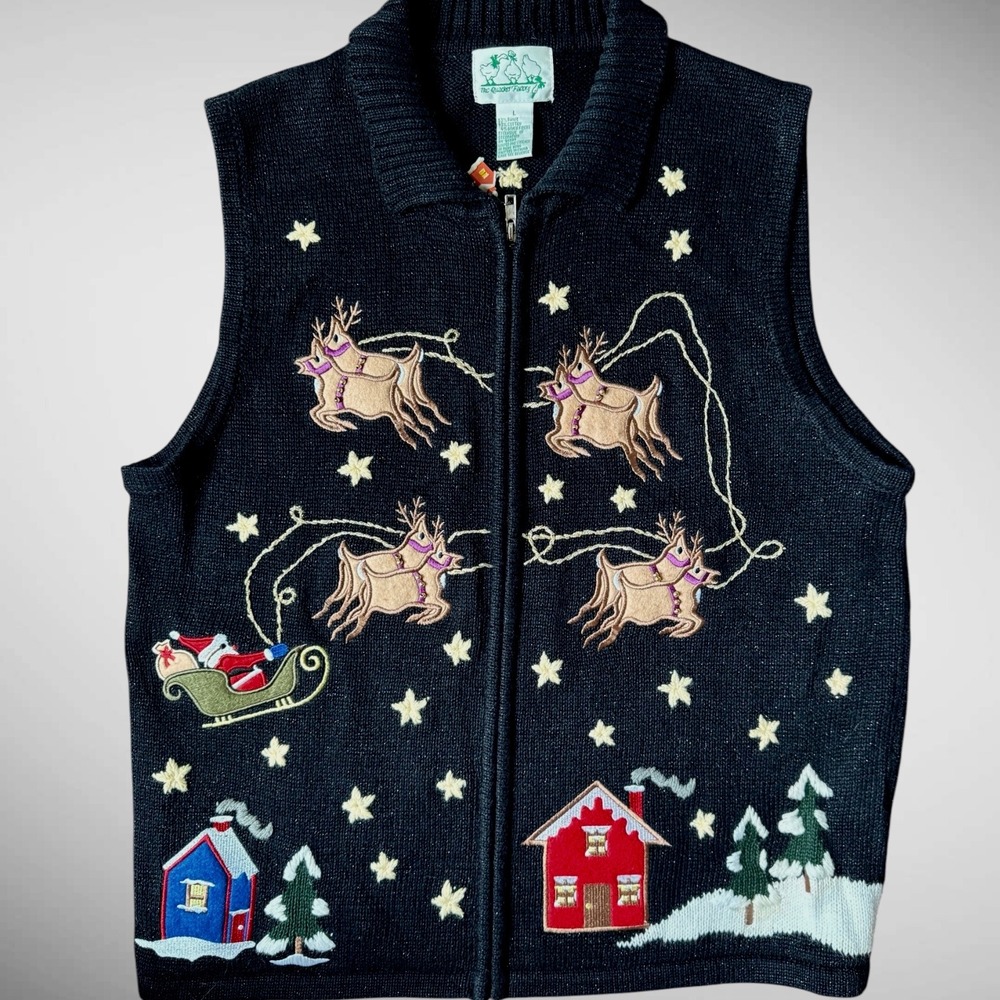 Quacker Factory Christmas Reindeer Santa Sleigh Zip Sweater Vest L Vintage